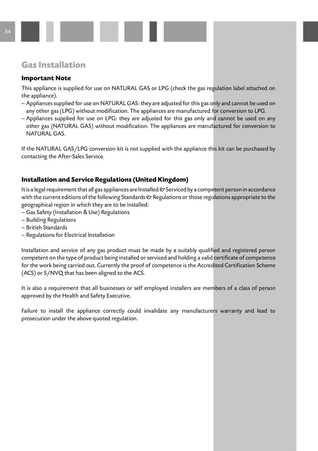 CDA RV 701 SS manual Gas Installation, Important Note, Installation and Service Regulations United Kingdom 